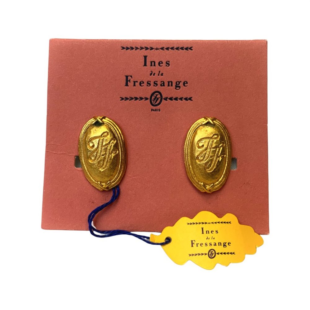 Ines de la Fressange Gold Engraved Logo Oval Earrings
